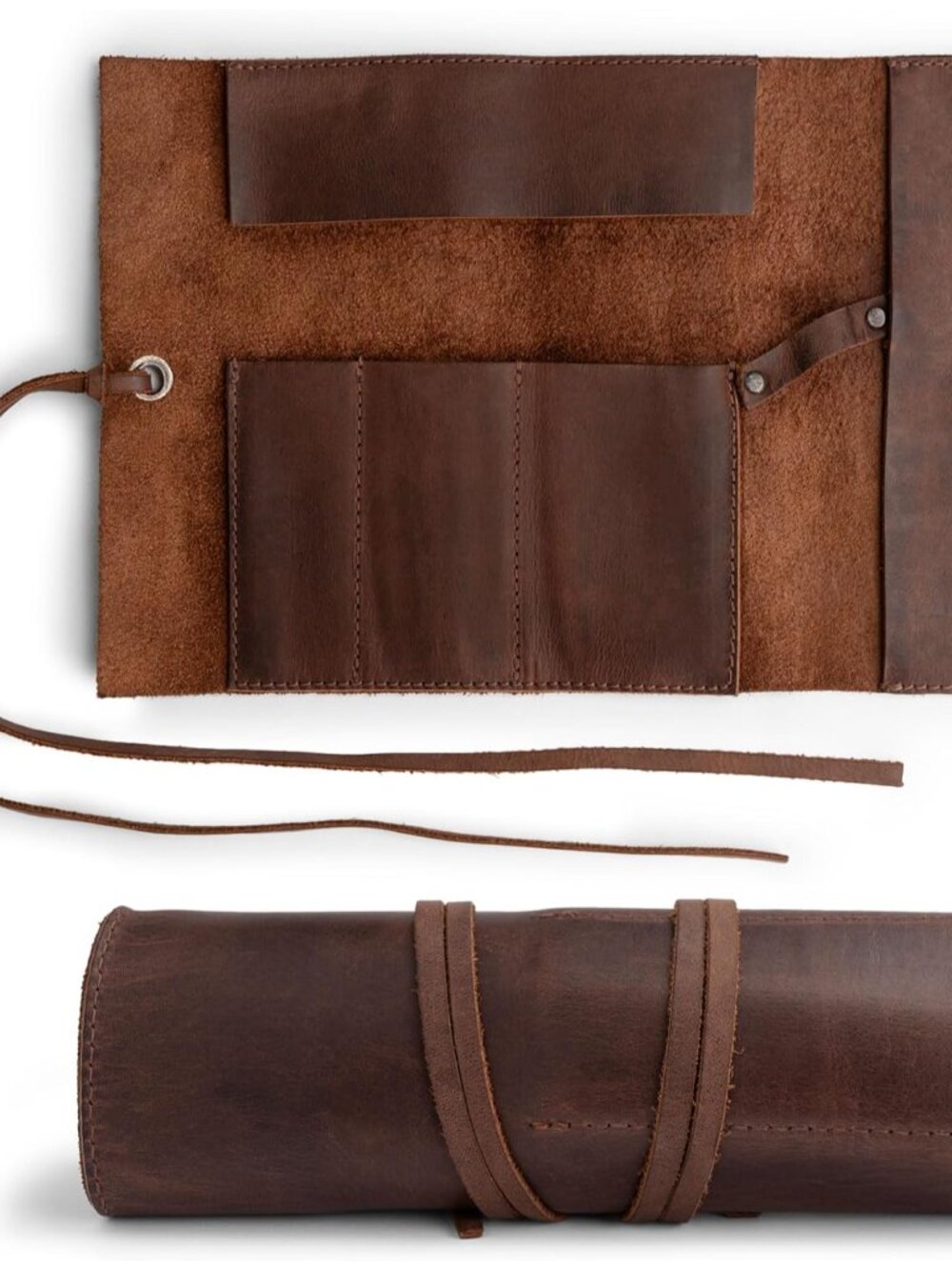 Rustic Leather Pencil Roll Pouch, Multi-Purpose Storage Wrap for Scissors, Earph - Picture 3 of 5